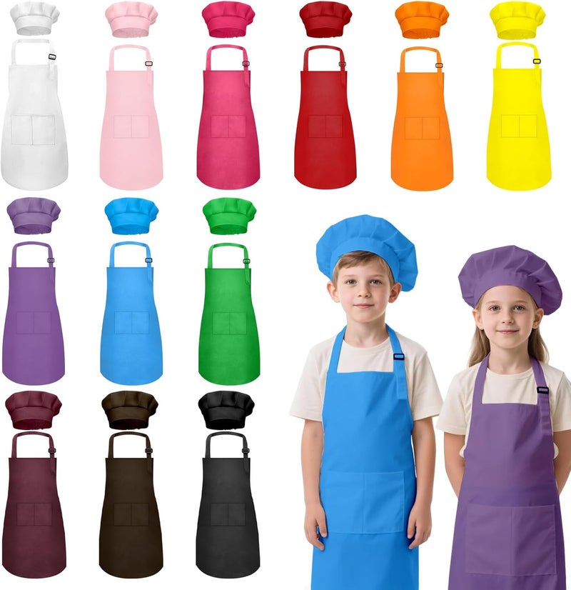 IAGBIBUI Kids Apron and Chef Hat Set, 24 Pieces Boys Girls Kids Apron with 2 Pockets Adjustable for Cooking Classroom Baking Painting, 6-13 Years, Multicolor - Image 1